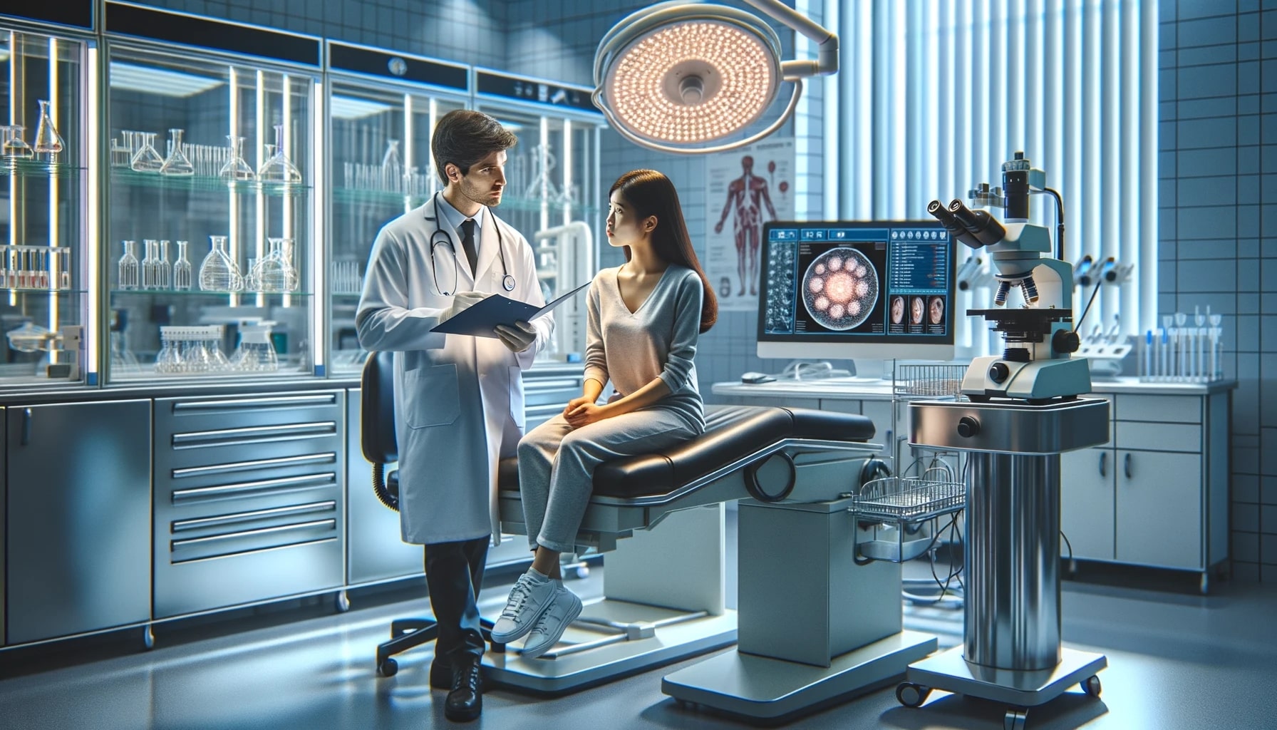 hoto of a modern medical laboratory with stainless steel equipment, bright LED lights, and a computer setup. In the foreground, a Caucasian male doctor in a white coat and a stethoscope is explaining a procedure to an Asian female patient seated on an examination table. The patient listens attentively, holding a brochure about the stem cell treatment. The walls are adorned with medical charts and posters, and a microscope sits on a nearby counter.
