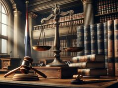 balanced scale, a gavel, and a stack of legal books