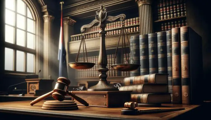 balanced scale, a gavel, and a stack of legal books