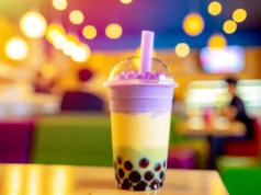 Bubble tea on colorful cafe table.