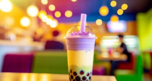 Bubble tea on colorful cafe table.