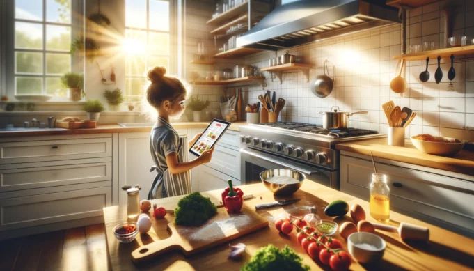 Woman using tablet to read recipes in sunny kitchen.