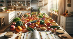 Abundant fresh produce on kitchen table with cookbook.