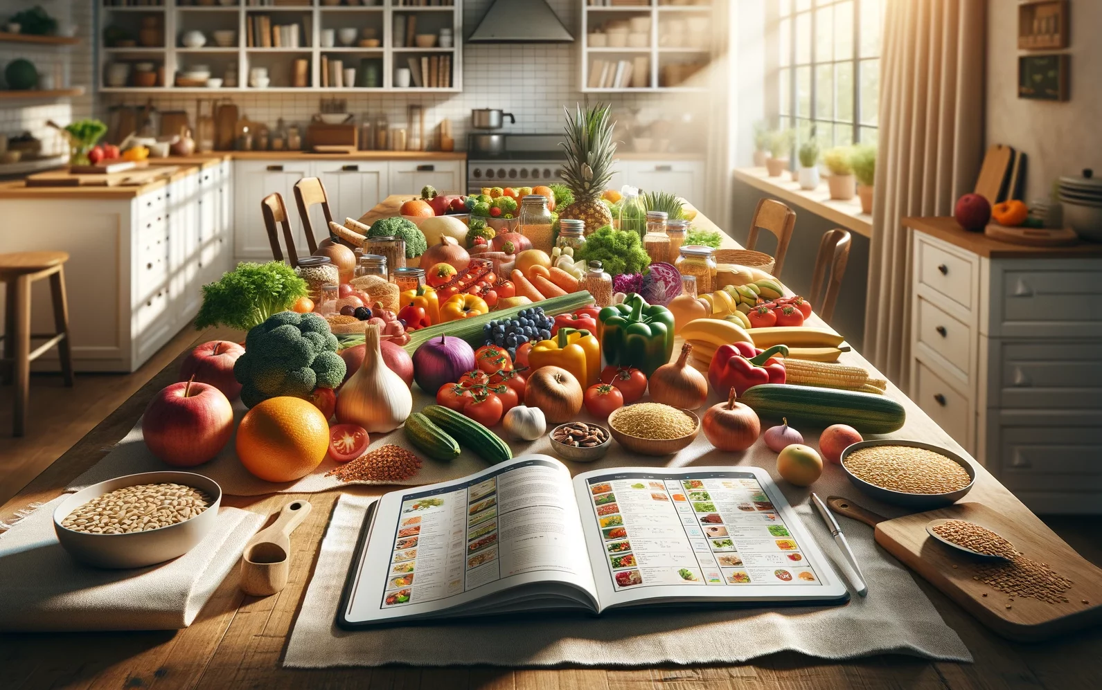 Abundant fresh produce on kitchen table with cookbook.
