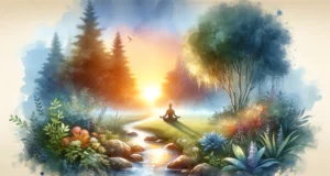 Tranquil watercolor landscape with person meditating at sunrise.