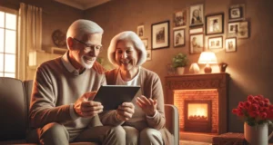 Senior couple using tablet by fireplace at cozy home.
