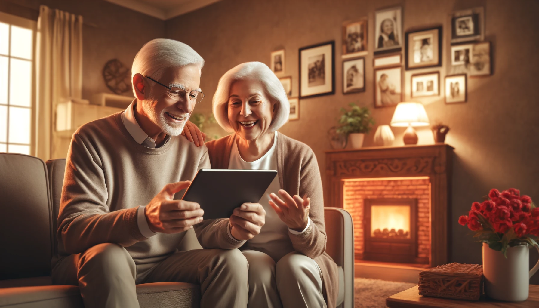 Senior couple using tablet by fireplace at cozy home.