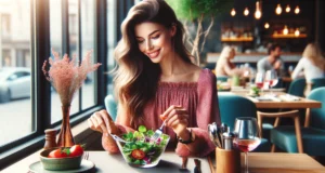 Woman enjoying salad at restaurant.