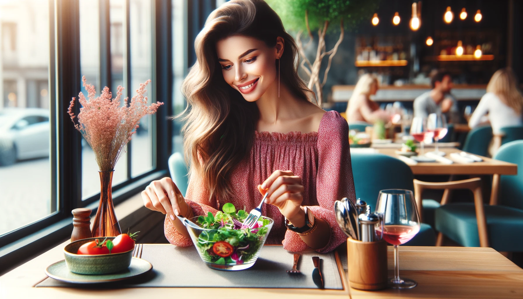 Woman enjoying salad at restaurant.
