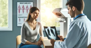 Doctor discussing X-ray results with patient in clinic.