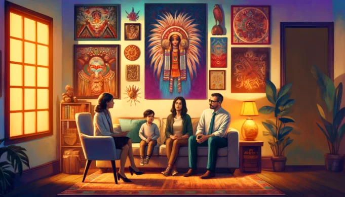 latino community, therapist and family members seated on a cozy couch