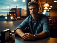Man sitting in diner at twilight with trucks outside.