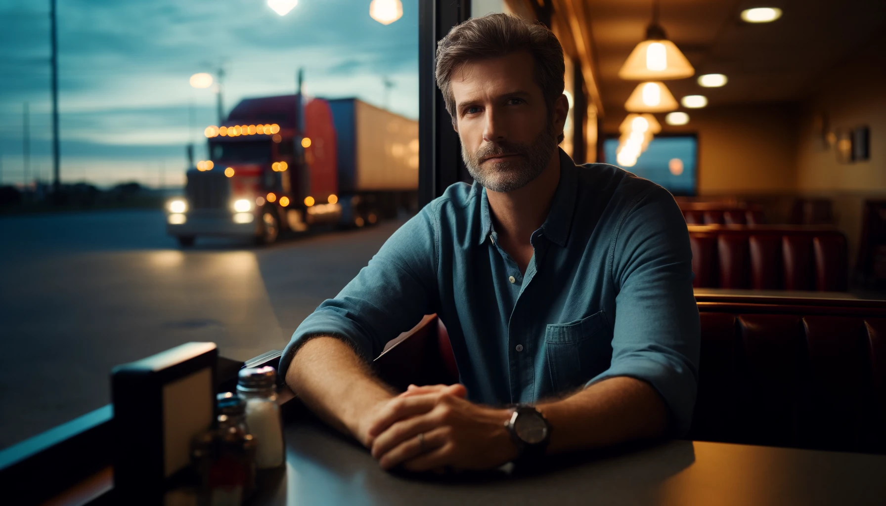 Man sitting in diner at twilight with trucks outside.