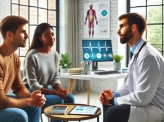 Doctor consulting with couple in modern medical office