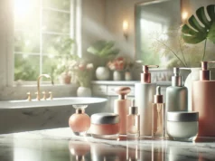 Elegant bathroom with assorted cosmetic bottles on marble