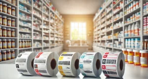 Pharmacy labels on rolls with blurred shelves background