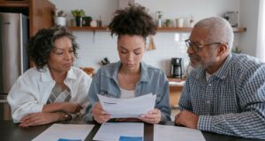 Family discussing documents at kitchen table